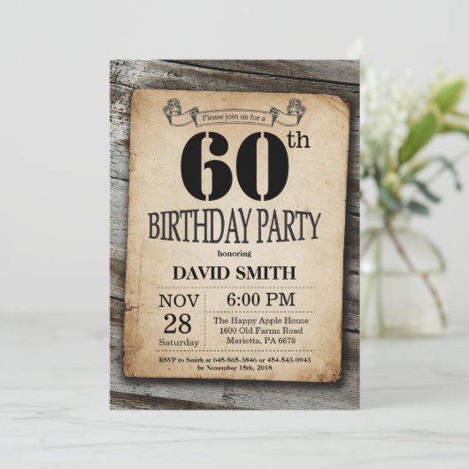 Rustic 60th Birthday Invitation Wood Kaart (Staand voorkant)