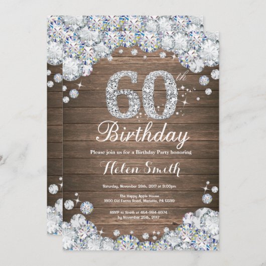 Rustic 60th Birthday Silver Diamond Kaart (Voorkant / Achterkant)