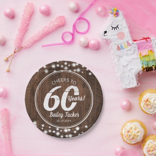 Rustic 60th Birthday String Lights Birthday Party Papieren Bordje (Feest)
