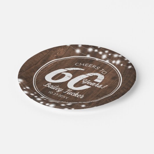 Rustic 60th Birthday String Lights Birthday Party Papieren Bordje (Gekanteld)