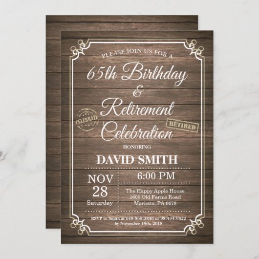 Rustic 65th Birthday and Retirement Party Kaart (Voorkant / Achterkant)