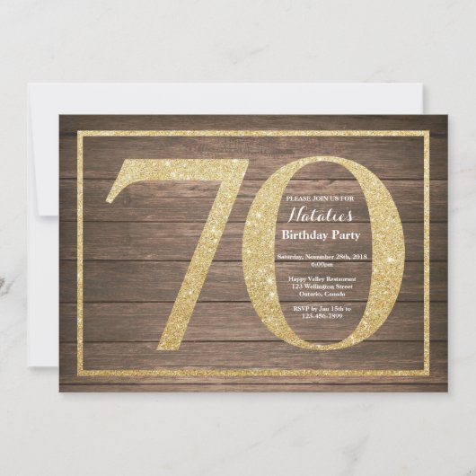 Rustic 70th Birthday Invitation Gold Glitter Kaart (Voorkant)