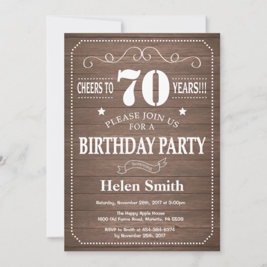 Rustic 70th Birthday Invitation Kaart (Voorkant)