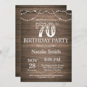 Rustic 70th Birthday Invitation String Lights Kaart (Voorkant / Achterkant)