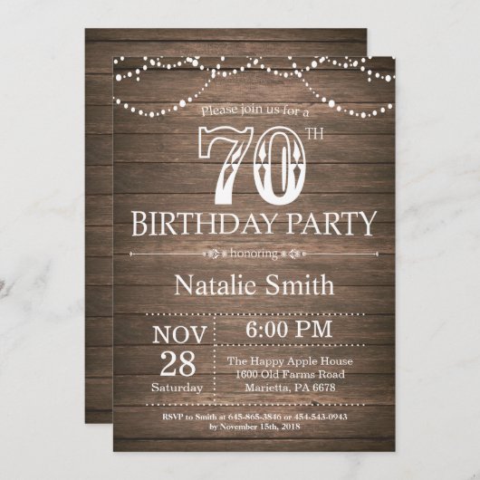 Rustic 70th Birthday Invitation String Lights Kaart (Voorkant / Achterkant)