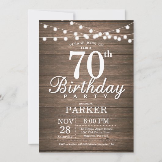 Rustic 70th Birthday Invitation String Lights Wood Kaart (Voorkant)