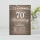 Rustic 70th Birthday Invitation String Lights Wood Kaart (Staand voorkant)