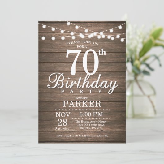 Rustic 70th Birthday Invitation String Lights Wood Kaart (Staand voorkant)