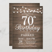 Rustic 70th Birthday Invitation String Lights Wood Kaart (Voorkant / Achterkant)