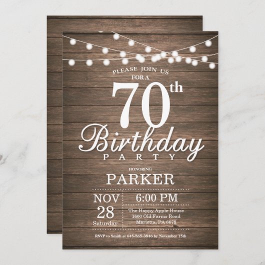 Rustic 70th Birthday Invitation String Lights Wood Kaart (Voorkant / Achterkant)