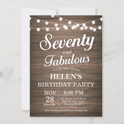 Rustic 70th Birthday Invitation Wood Fabulous Kaart (Voorkant)
