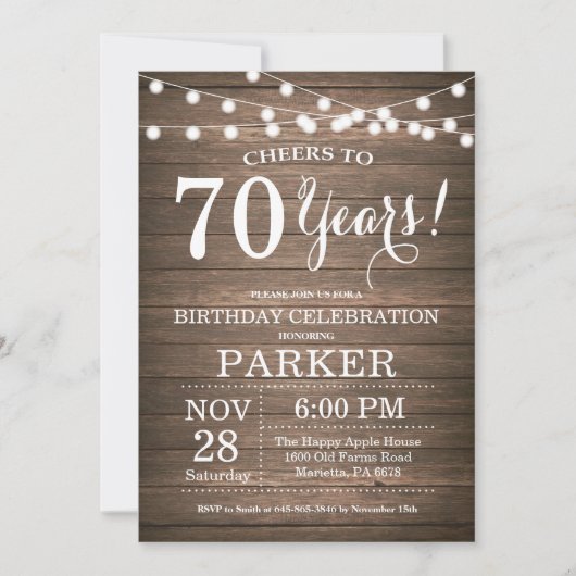 Rustic 70th Birthday Invitation Wood Kaart (Voorkant)