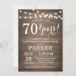 Rustic 70th Birthday Invitation Wood Kaart<br><div class="desc">Rustic 70th Birthday Invitation Wood Background met String Lights. 13e 15e 16e 18e 21e 30e 40e 50e 60e 70e 90e 100e, elke leeftijd. Volwassen verjaardag. Vrouw of Man Man Birthday Party. Voor verdere aanpassing, te klikken gelieve de knoop "van de Aanpassing het"en ons ontwerphulpmiddel te gebruiken om deze sjabloon te...</div>