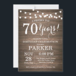 Rustic 70th Birthday Invitation Wood Kaart<br><div class="desc">Rustic 70th Birthday Invitation Wood Background met String Lights. 13e 15e 16e 18e 21e 30e 40e 50e 60e 70e 90e 100e, elke leeftijd. Volwassen verjaardag. Vrouw of Man Man Birthday Party. Voor verdere aanpassing, te klikken gelieve de knoop "van de Aanpassing het"en ons ontwerphulpmiddel te gebruiken om deze sjabloon te...</div>