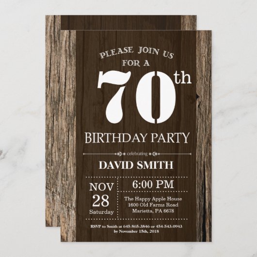 Rustic 70th Birthday Invitation  Wood Kaart (Voorkant / Achterkant)