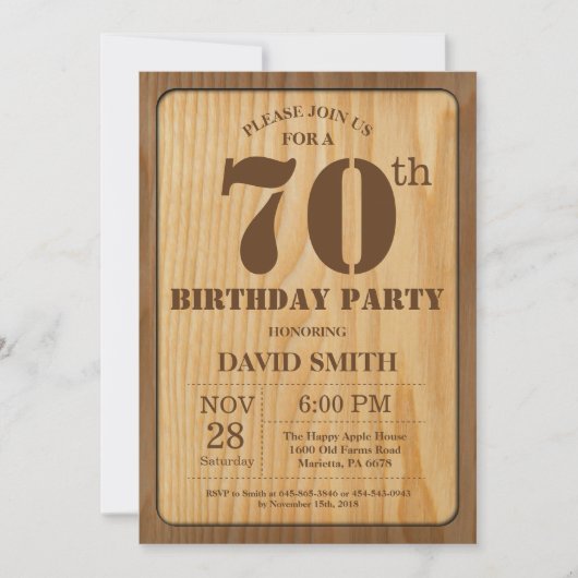 Rustic 70th Birthday Invitation  Wood Kaart (Voorkant)