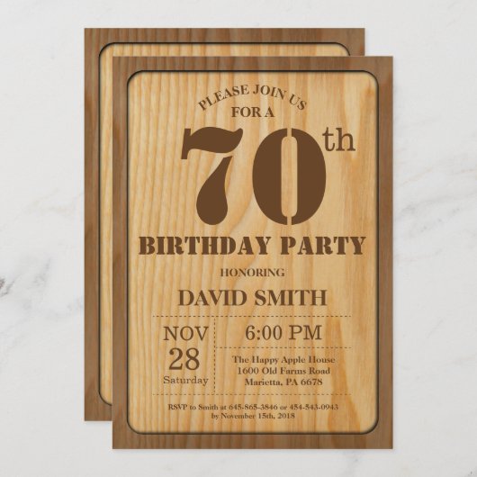 Rustic 70th Birthday Invitation  Wood Kaart (Voorkant / Achterkant)