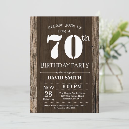 Rustic 70th Birthday Invitation  Wood Kaart (Staand voorkant)