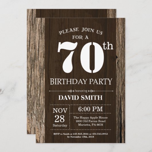Rustic 70th Birthday Invitation  Wood Kaart (Voorkant / Achterkant)