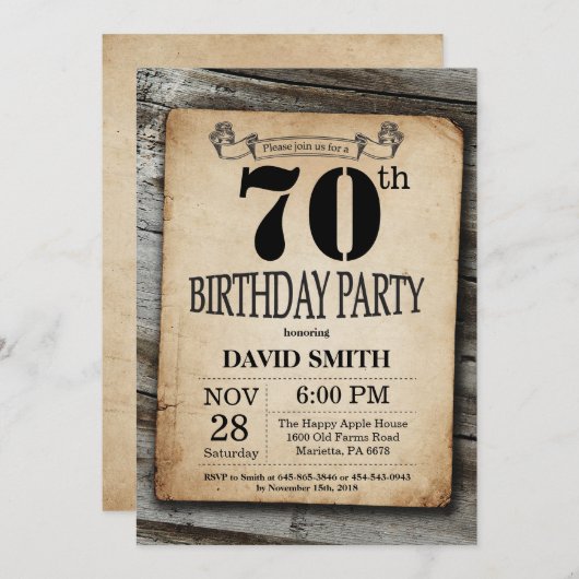 Rustic 70th Birthday Invitation  Wood Kaart (Voorkant / Achterkant)