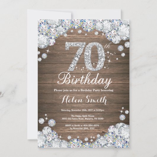 Rustic 70th Birthday Silver Diamond Kaart (Voorkant)