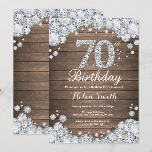 Rustic 70th Birthday Silver Diamond Kaart (Voorkant / Achterkant)