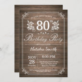 Rustic 80th Birthday Invitation Floral Kaart (Voorkant / Achterkant)