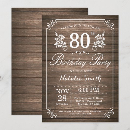 Rustic 80th Birthday Invitation Floral Kaart (Voorkant / Achterkant)