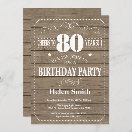 Rustic 80th Birthday Invitation Kaart (Voorkant / Achterkant)