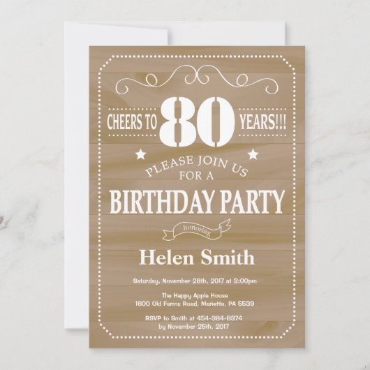 Rustic 80th Birthday Invitation Kaart (Voorkant)