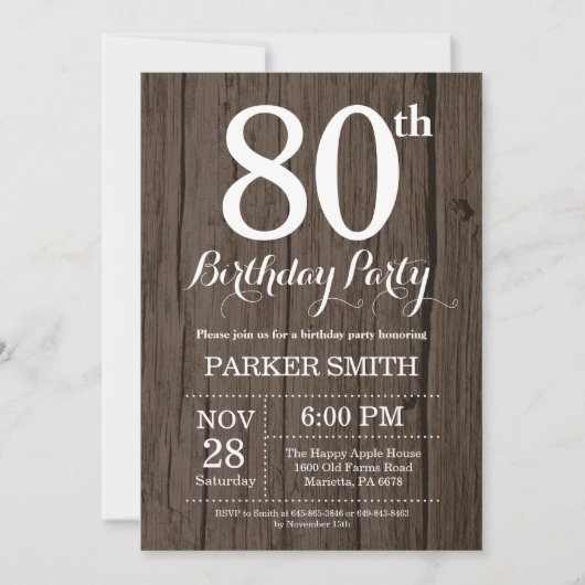 Rustic 80th Birthday Invitation Kaart (Voorkant)