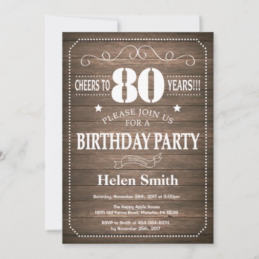 Rustic 80th Birthday Invitation Kaart (Voorkant)
