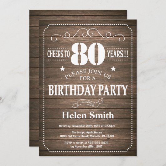 Rustic 80th Birthday Invitation Kaart (Voorkant / Achterkant)