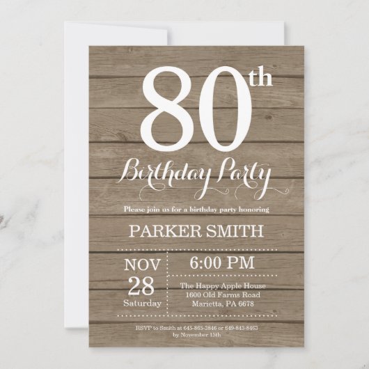 Rustic 80th Birthday Invitation Kaart (Voorkant)