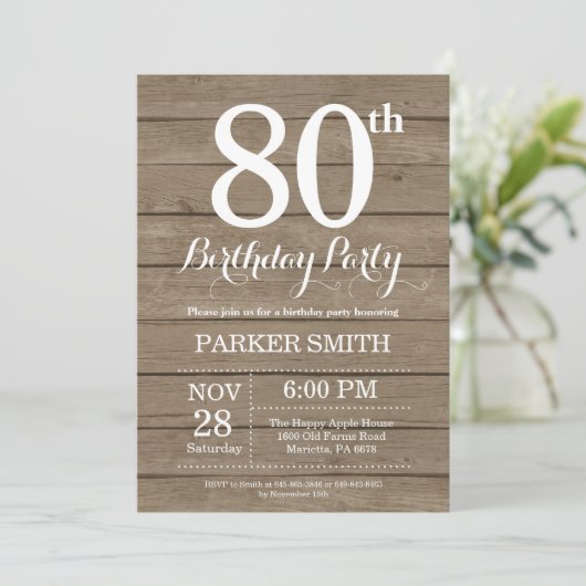 Rustic 80th Birthday Invitation Kaart (Staand voorkant)
