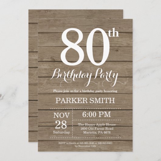 Rustic 80th Birthday Invitation Kaart (Voorkant / Achterkant)