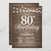 Rustic 80th Birthday Invitation String Lights Wood Kaart (Voorkant / Achterkant)