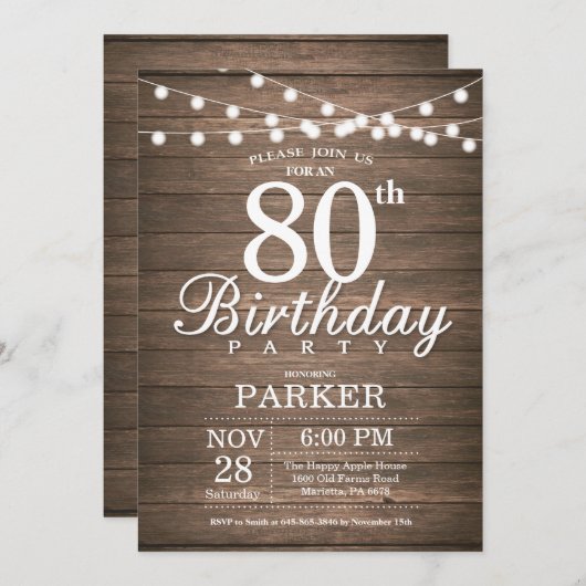Rustic 80th Birthday Invitation String Lights Wood Kaart (Voorkant / Achterkant)