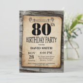 Rustic 80th Birthday Invitation  Wood Kaart (Staand voorkant)