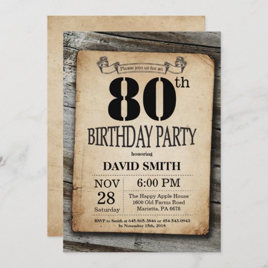 Rustic 80th Birthday Invitation  Wood Kaart (Voorkant / Achterkant)