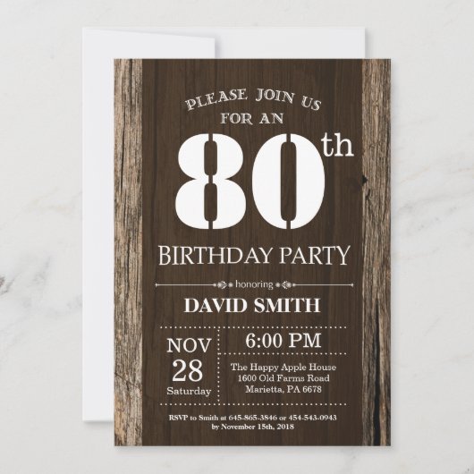 Rustic 80th Birthday Invitation  Wood Kaart (Voorkant)