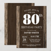 Rustic 80th Birthday Invitation  Wood Kaart (Voorkant / Achterkant)