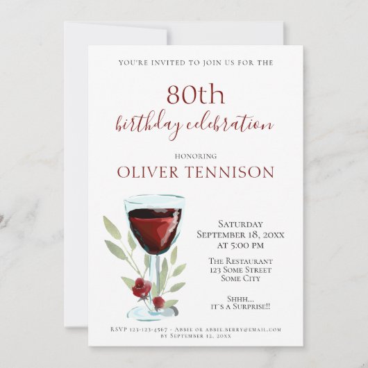 Rustic 80th Birthday Red Wine Surprise Party Kaart (Voorkant)