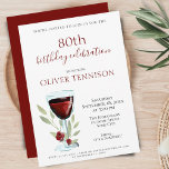 Rustic 80th Birthday Red Wine Surprise Party Kaart<br><div class="desc">Elegant 80th Birthday Red Wine Surprise Birthday Party Invitation. 80e verjaardag uitnodiging voor haar of hem. Uitnodiging met een rood wijnglas, rozen en twijgen op een witte achtergrond. De tekst is volledig aanpasbaar - personaliseer de tekst met jouw naam, elke leeftijd - 30e 40e 60e 70e 90e 100e, datum en...</div>