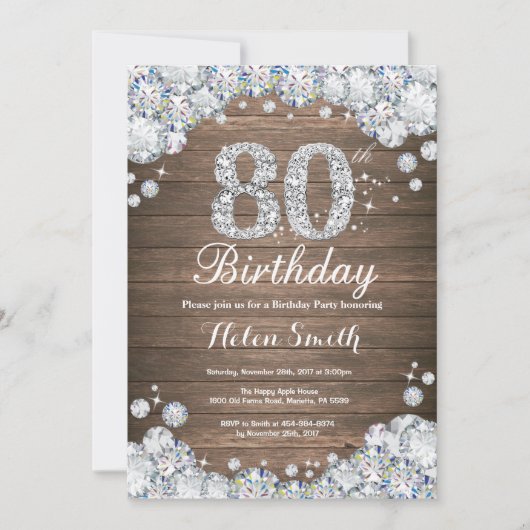 Rustic 80th Birthday Silver Diamond Kaart (Voorkant)