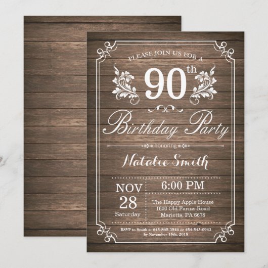 Rustic 90th Birthday Invitation Floral Kaart (Voorkant / Achterkant)