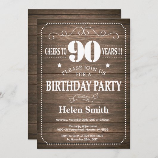 Rustic 90th Birthday Invitation Kaart (Voorkant / Achterkant)