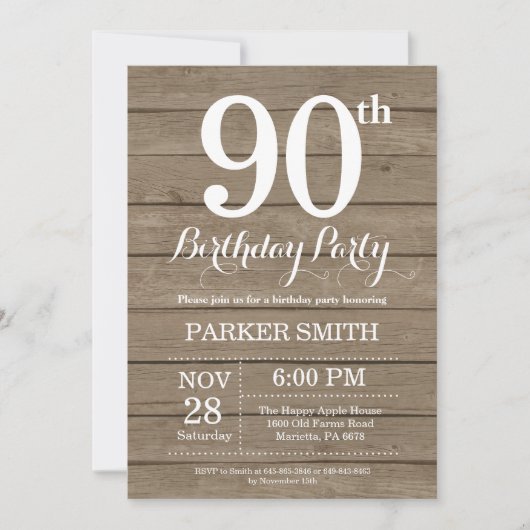 Rustic 90th Birthday Invitation Kaart (Voorkant)