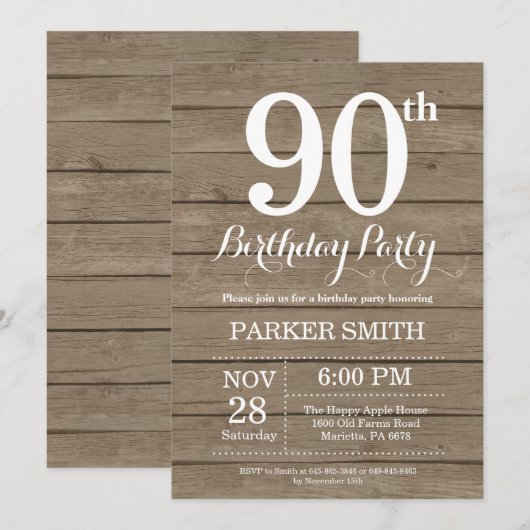 Rustic 90th Birthday Invitation Kaart (Voorkant / Achterkant)