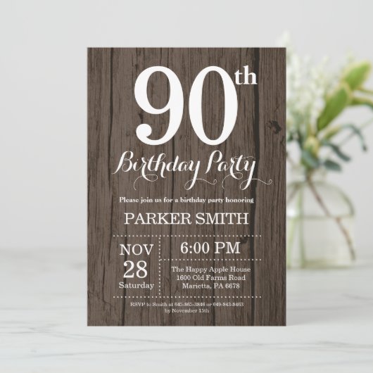 Rustic 90th Birthday Invitation Kaart (Staand voorkant)